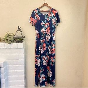 Navy and pink floral maxi dress with sleeves and pockets